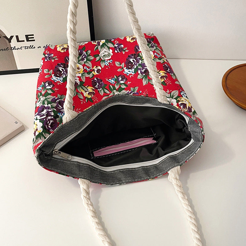Trendy Floral Canvas Tote Bag Stylish Shoulder Bag