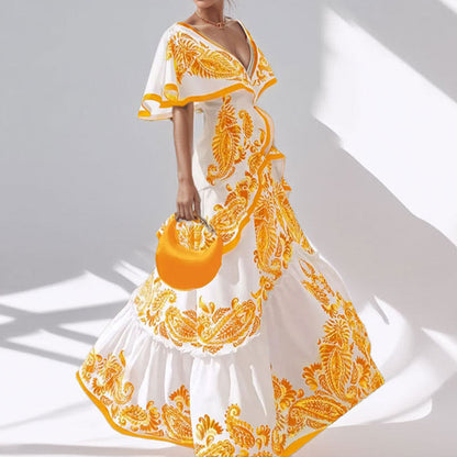 Elegant Floral V-Neck Dress with Ruffled Hem