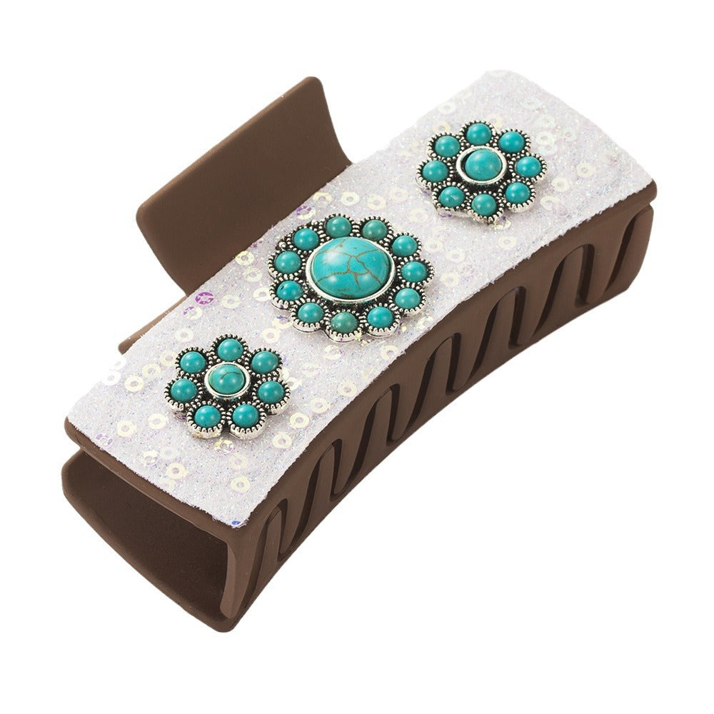 Vintage Leopard Print Hair Claw Clips with Alloy & Turquoise Accents