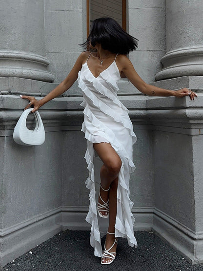 Sexy Ruffled Hem Spaghetti Strap Maxi Dress
