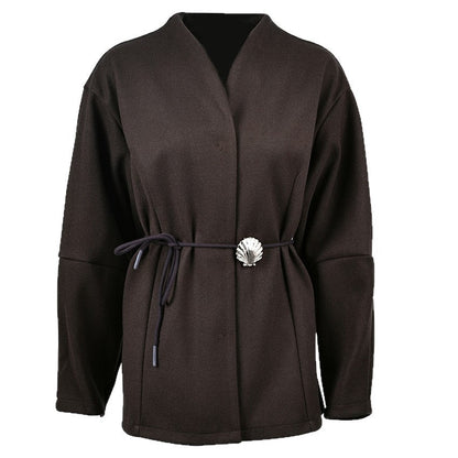 Brown V-Neck Shell Waist Tie Loose Jacket