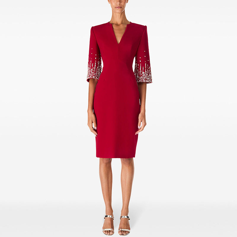 V-Neck Knee-Length Dress With Beading And Sequins