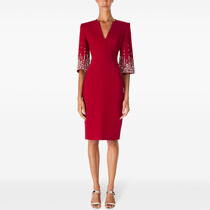 V-Neck Knee-Length Dress With Beading And Sequins