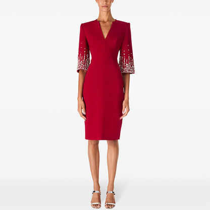 V-Neck Knee-Length Dress With Beaded Details For Parties