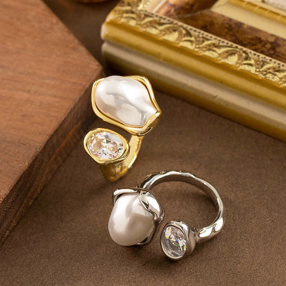 Elegant Design Adjustable Open Ring With Pearl And Zircon