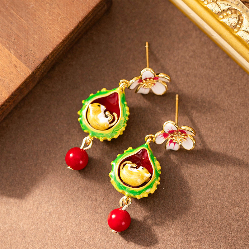 Charming Hand-Painted Enamel Squirrel Floral Earrings For Women