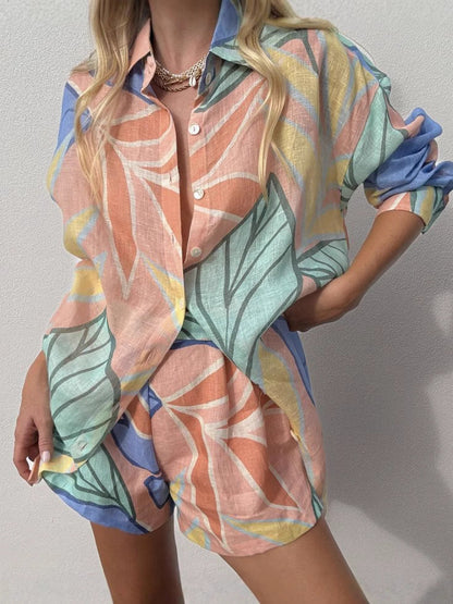 Elegant Loose Linen Shirt Set with Long Sleeves