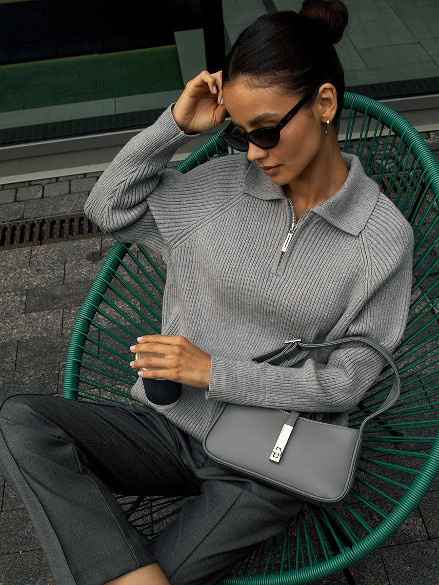 Solid Color Zipper Sweater Loose Knit Sweater