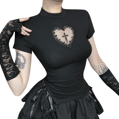 Cross Design Cut-Out Fitted Crop T-Shirt