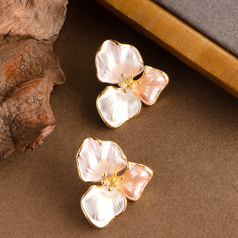 French Vintage Cream White Floral Petal Stud Earrings For Women