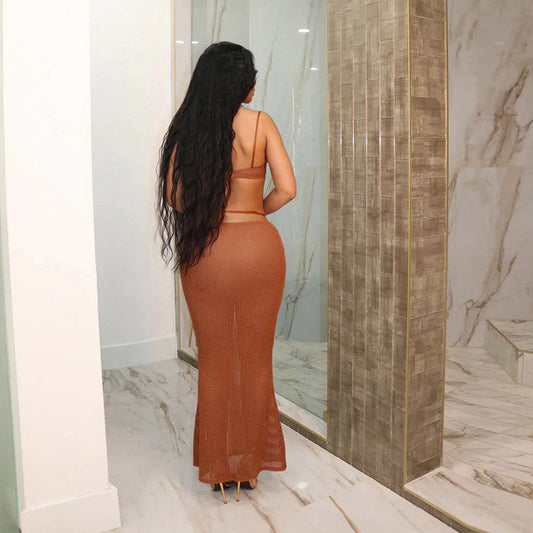 Sexy Sheer Lace-Up Top And High Waist Skirt Set