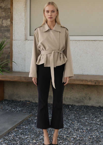 Cropped Lightweight Trench Jacket With Waist Tie