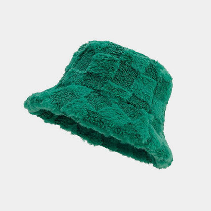 Winter Fuzzy Trendy Plaid Thick Warm Bucket Hat