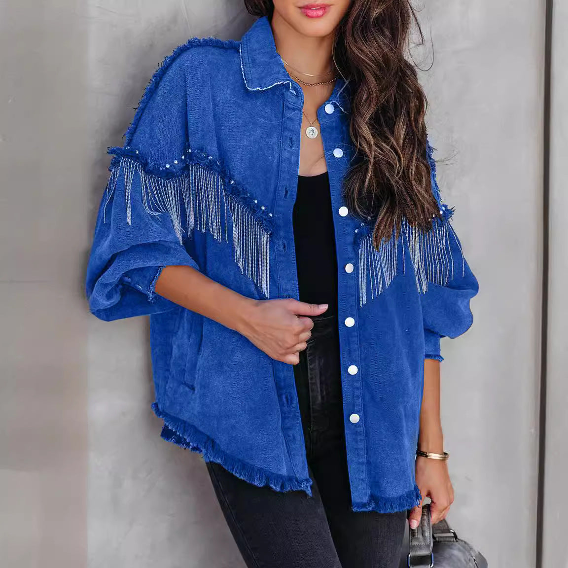 Street Fashion Studded Denim Jacket with Chain - Trendy Casual Outerwear