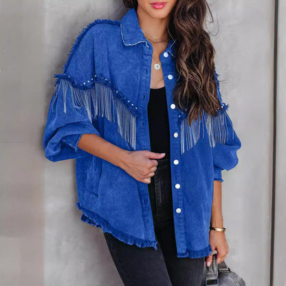 Street Fashion Studded Denim Jacket with Chain - Trendy Casual Outerwear