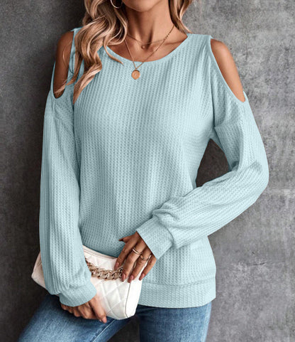 Autumn And Winter New Off-The-Shoulder Buttons Loose Long-Sleeved T-Shirt Tops