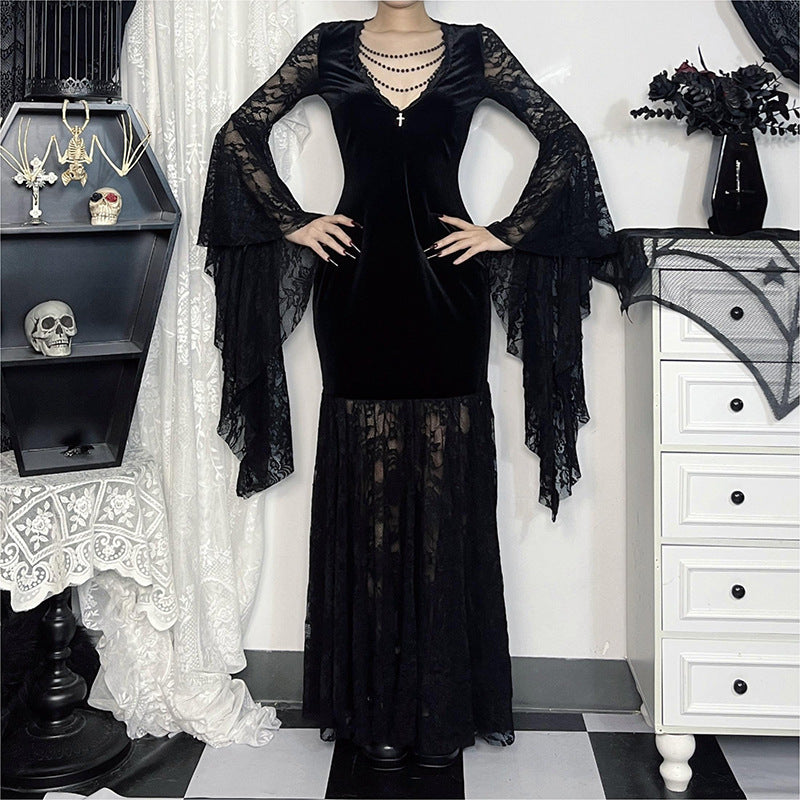 Elegant V Neck Velvet Dress With Lace Detail