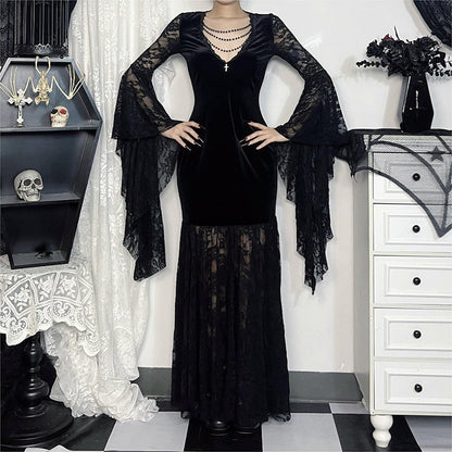 Elegant V Neck Velvet Dress With Lace Detail