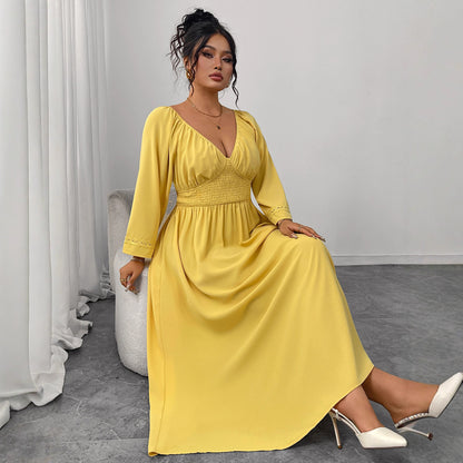 Yellow Deep V-Neck Dress Elegant High-Waisted Gown