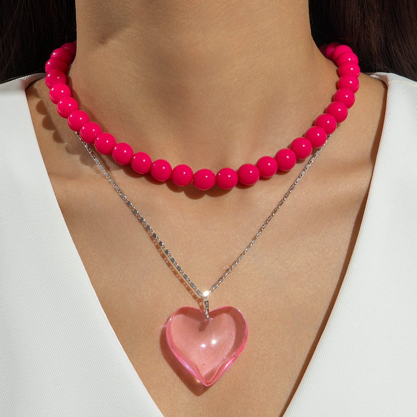 Personalized Chunky Bead Heart Pendant Necklace For Women