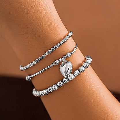 Heart-Shaped Metal Pendant Bead Bracelet Set Stylish Chunky Chain Bracelet For Women