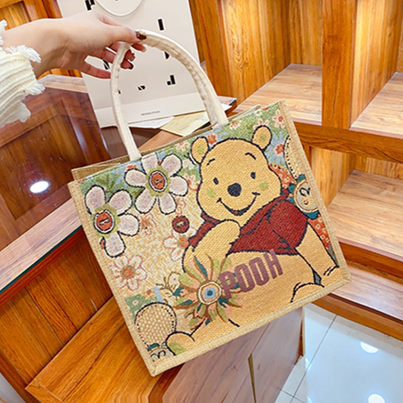 Linen Tote Bag Cute Cartoon Embroidery Large Capacity