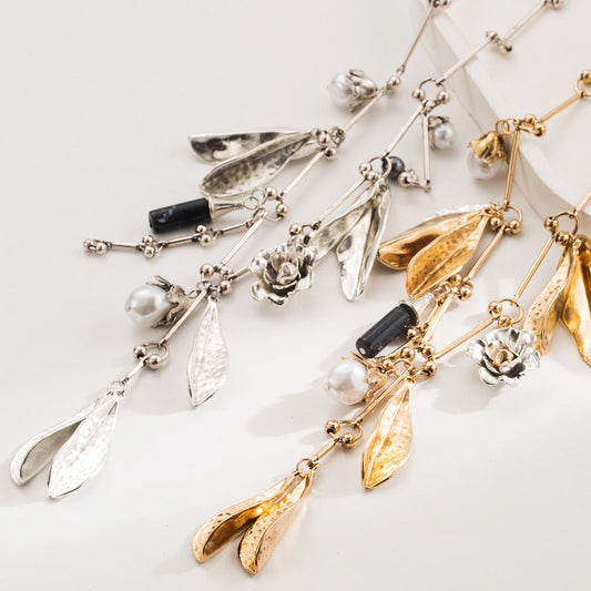 Bold Pearl Leaf Alloy Necklace Trendy Flower Geometric Pendant