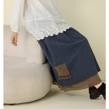 Floral Embroidered A-Line Midi Skirt Lightweight Casual Layered Skirt
