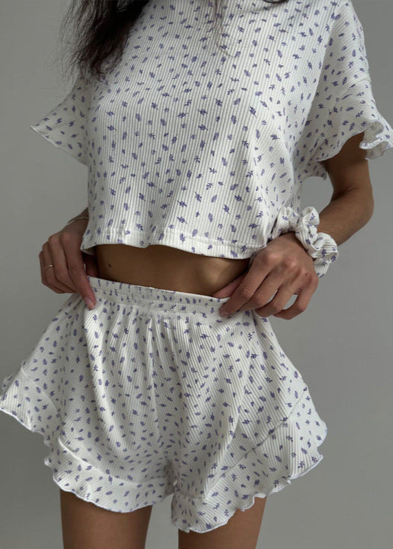 Ribbed Cotton Lounge Set With Ruffles