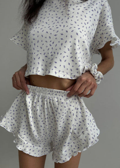 Ribbed Cotton Lounge Set With Ruffles