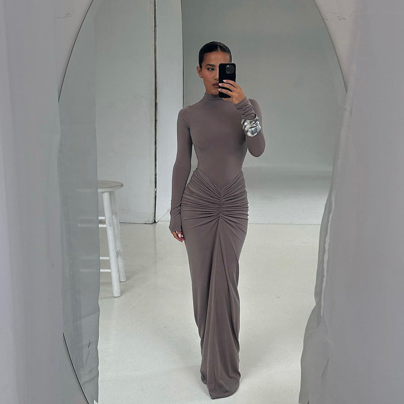 Elegant Solid Color Long Sleeve Maxi Dress With Ruching