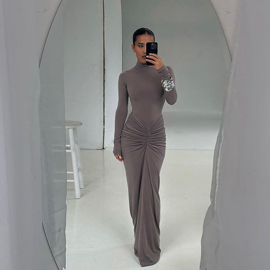 Elegant Solid Color Long Sleeve Maxi Dress With Ruching