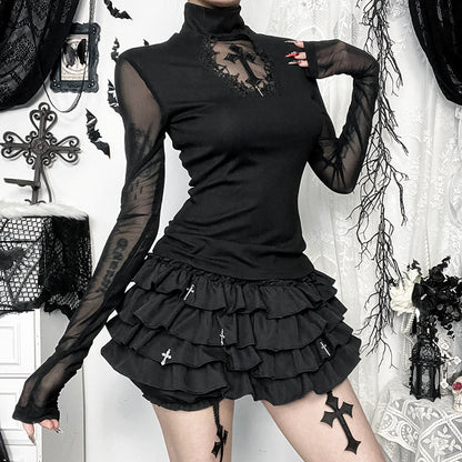 Black Mesh Long Sleeve Top With Cross Design