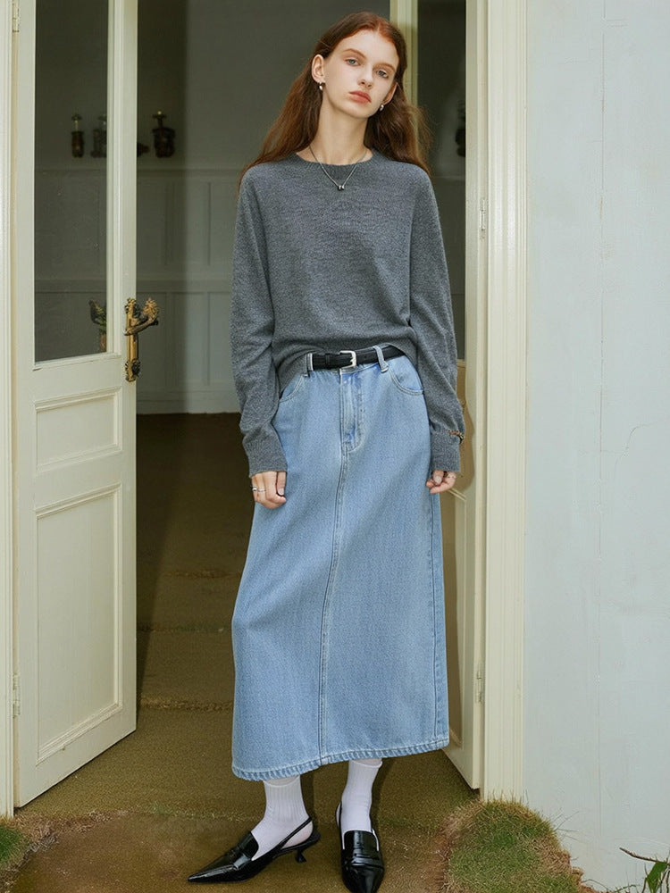 Classic Crew Neck Cashmere Sweater Elegant Casual Knitwear