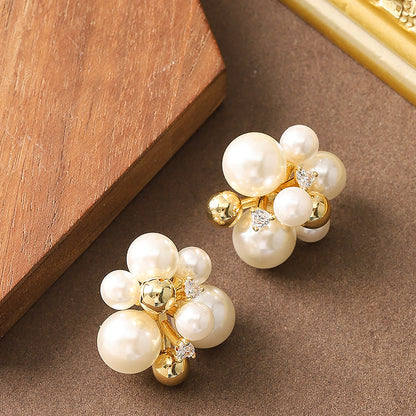 French Elegant Pearl Floral Stud Earrings For Women
