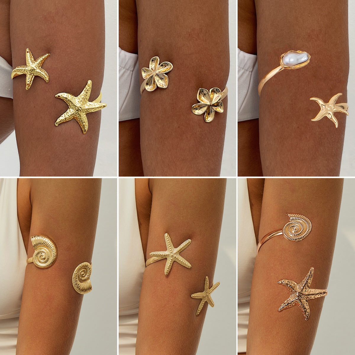 Ocean-Inspired Starfish Open Cuff Bracelet With Floral Design And Faux Pearls
