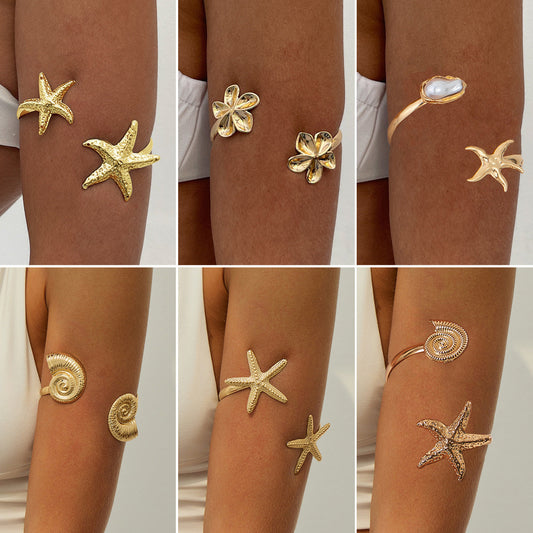 Ocean-Inspired Starfish Open Cuff Bracelet With Floral Design And Faux Pearls