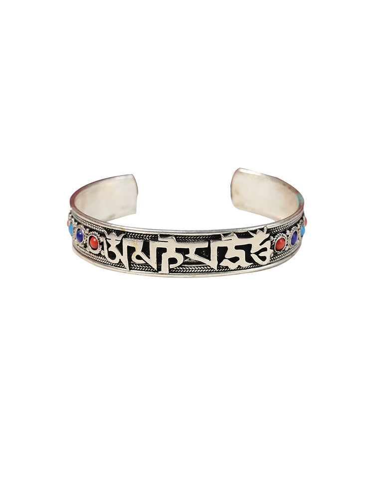 Ethnic Style Nepalese Handmade Jewelry Inlaid With Turquoise Retro Tibetan Jewelry Bracelet, Six-Syllable Mantra