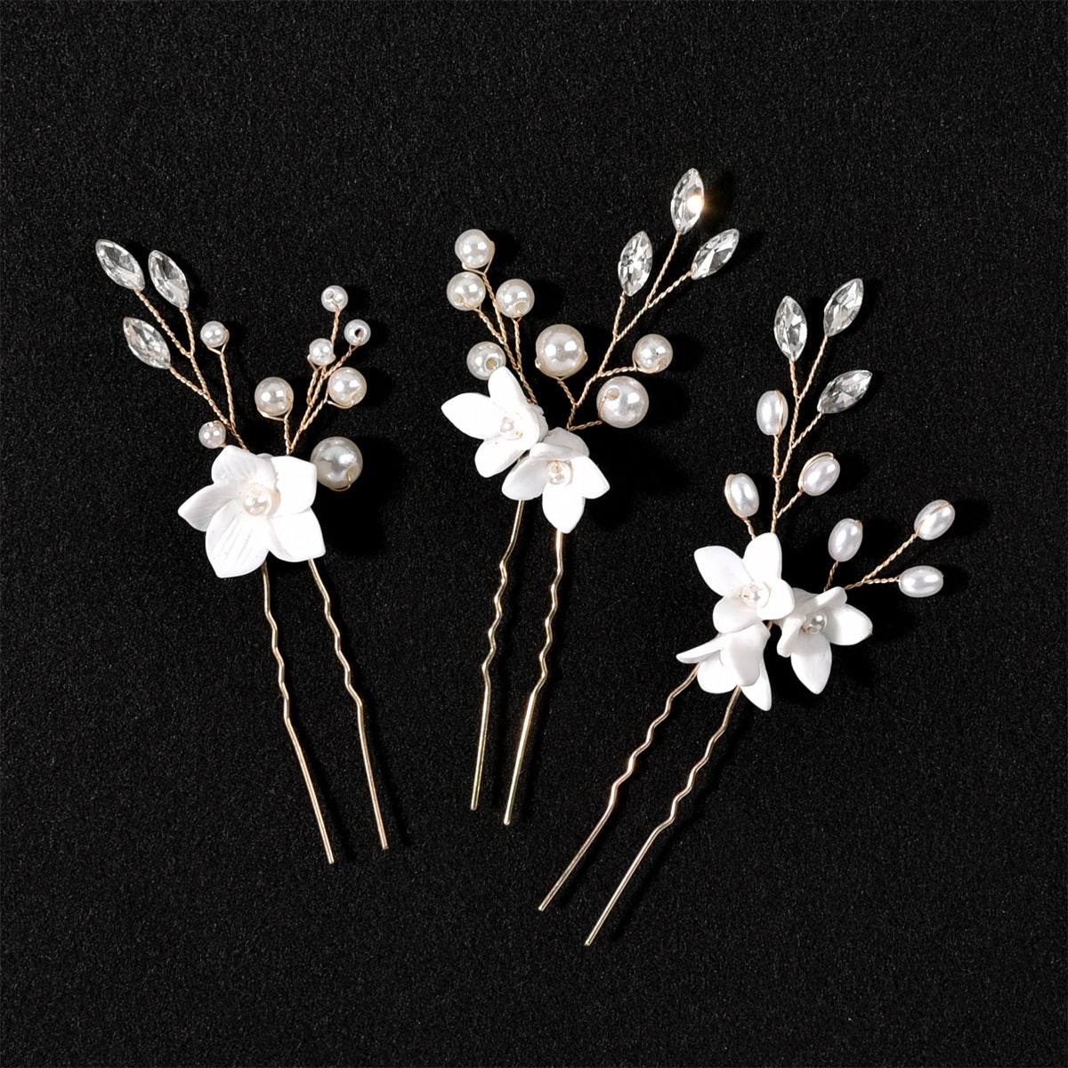 Bridal Wedding Hair Accessories Set of 3 White Floral U-Shaped Hair Pins