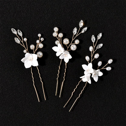 Bridal Wedding Hair Accessories Set of 3 White Floral U-Shaped Hair Pins