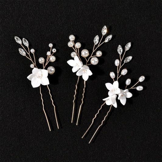 Bridal Wedding Hair Accessories Set of 3 White Floral U-Shaped Hair Pins