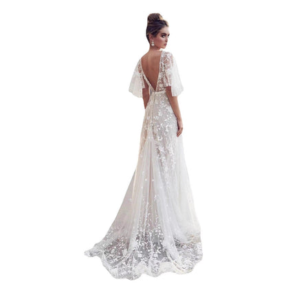 Deep V Neck Lace Back Midi Dress Elegant Evening Gown