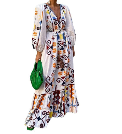 Holiday Style Lantern Sleeve Printed Long Skirt Mop The Floor Skirt