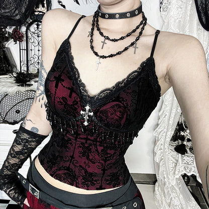 Cross Print Velvet Cami Top Chic Streetwear Style for Women