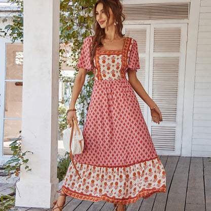 Elegant Floral Printed Maxi Dress with Square Neckline