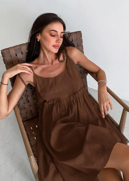 Adjustable Strap Linen Dress With Gathered Waist