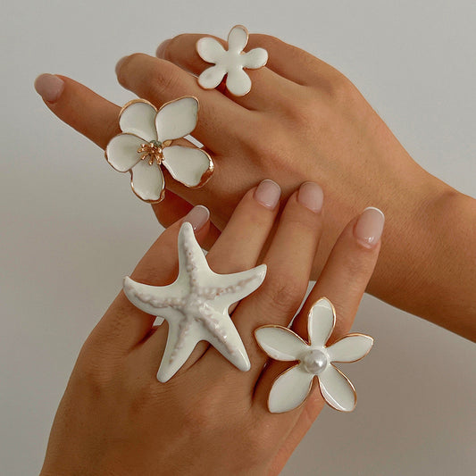 Exaggerated Floral Metal Open Ring With Dripping Oil Design