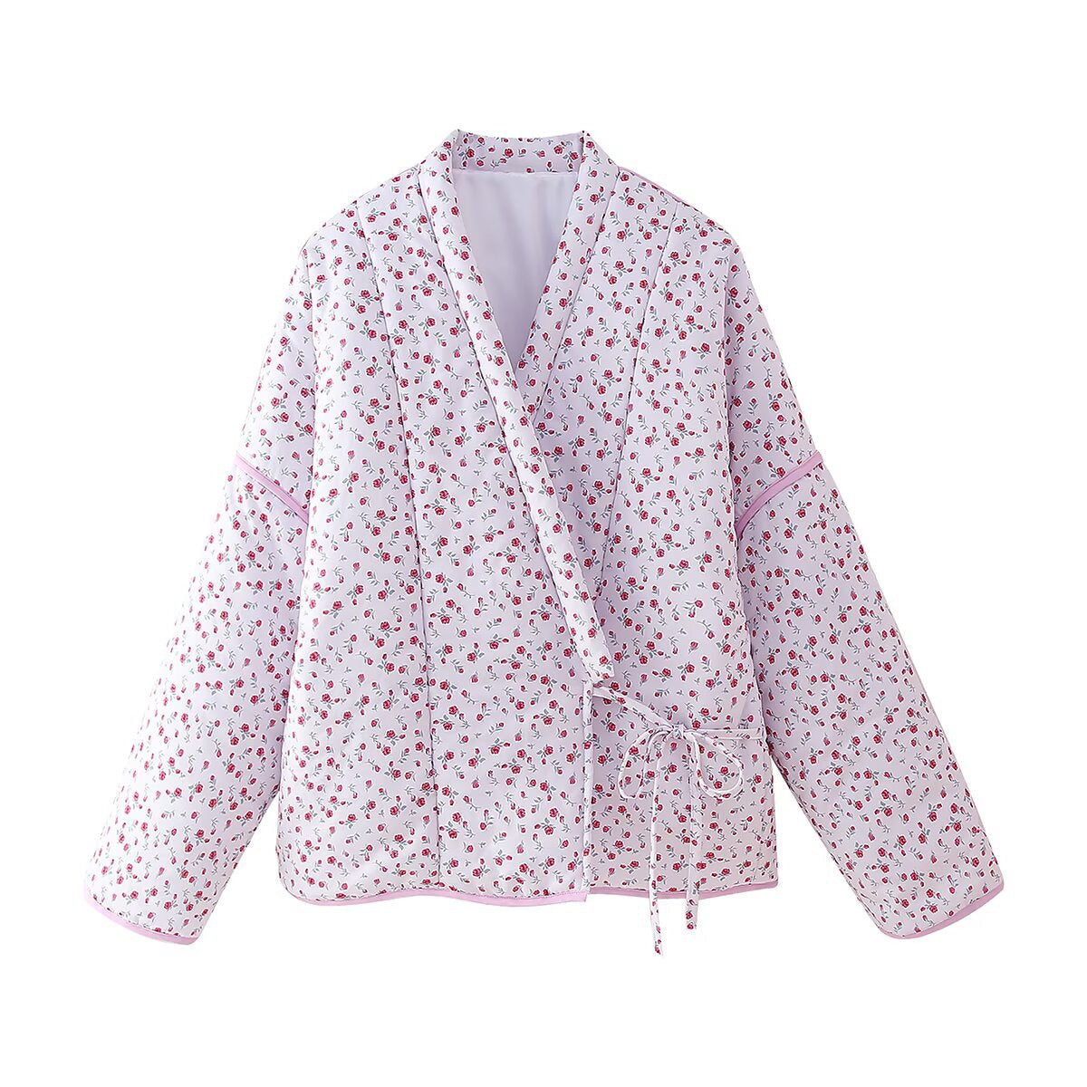 Floral Print Quilted V-Neck Tie Front Puffer Coat