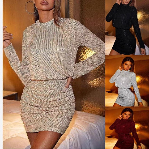 Sequined A-Line Dress Elegant Long Sleeve Cocktail Dress