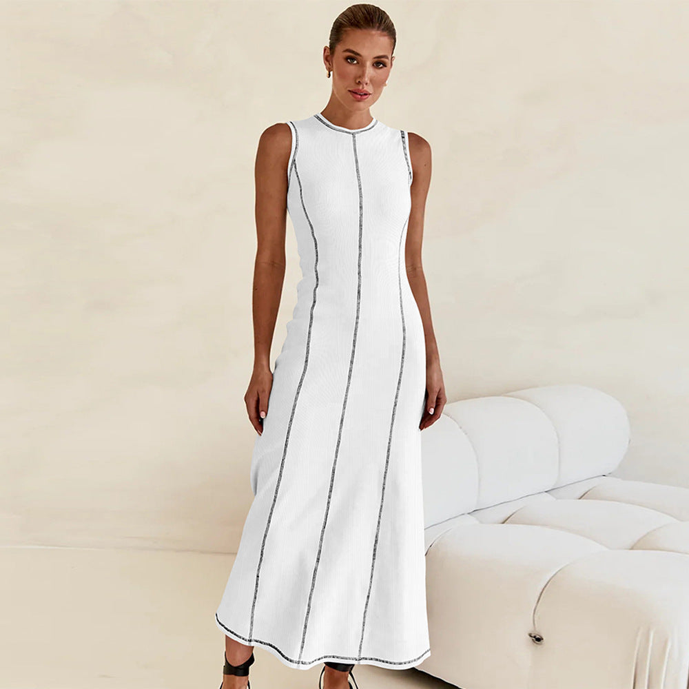 New Y2K Knit Sleeveless A-Line Dress with Round Neck